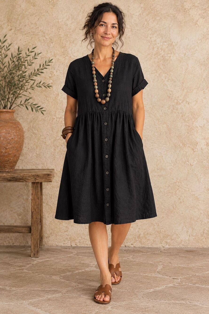 Gudrun Sjoden 100% Linen Black Button Front Babydoll Midi Dress Pockets S